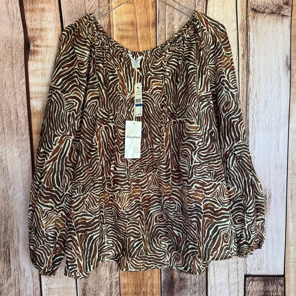 Tommy‎ Bahama Blouse Zen Zebra Peasant Top Animal Print Fall Long Sleeve XL NWT